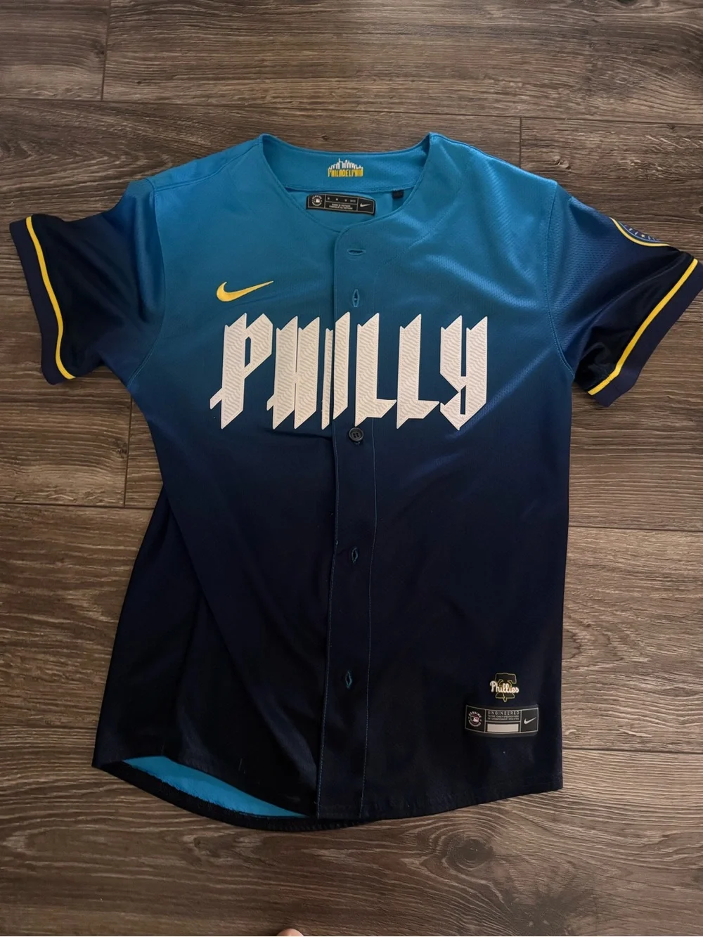 Nike Blue Button-Up Jersey with Yellow Philadelphia Embroidery